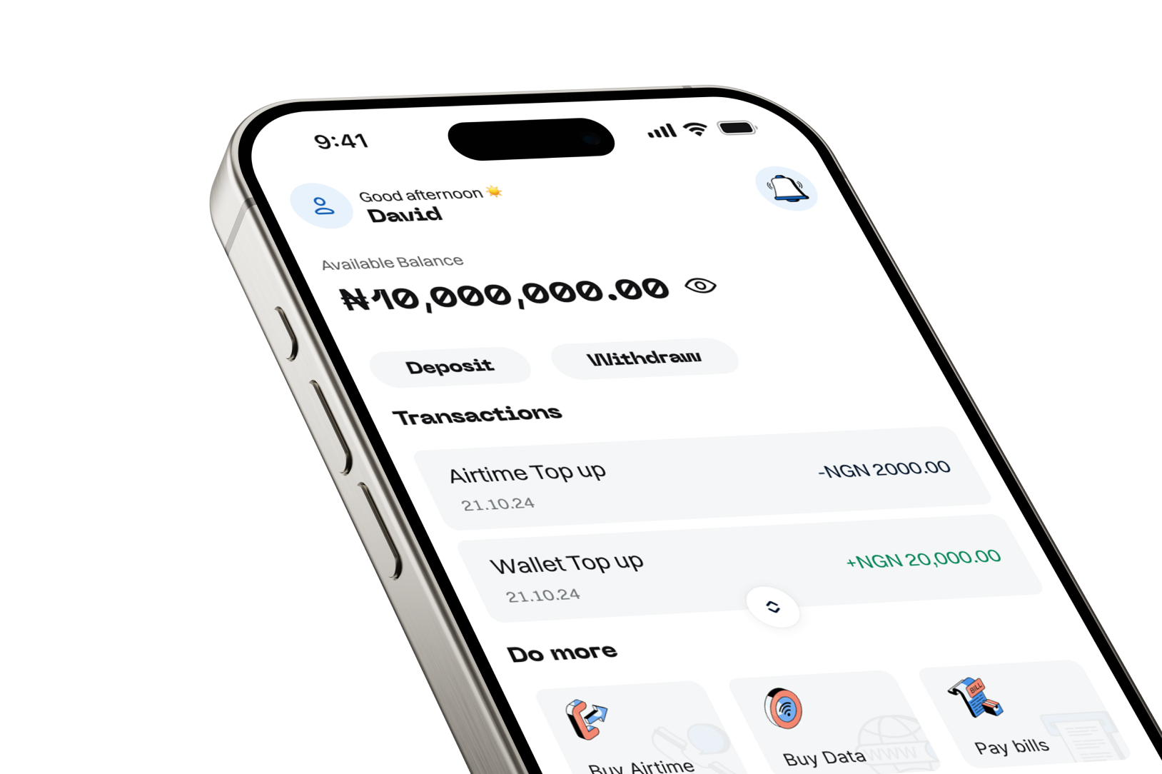 The Carder app showing a naira balance, transactions, and bill payments.