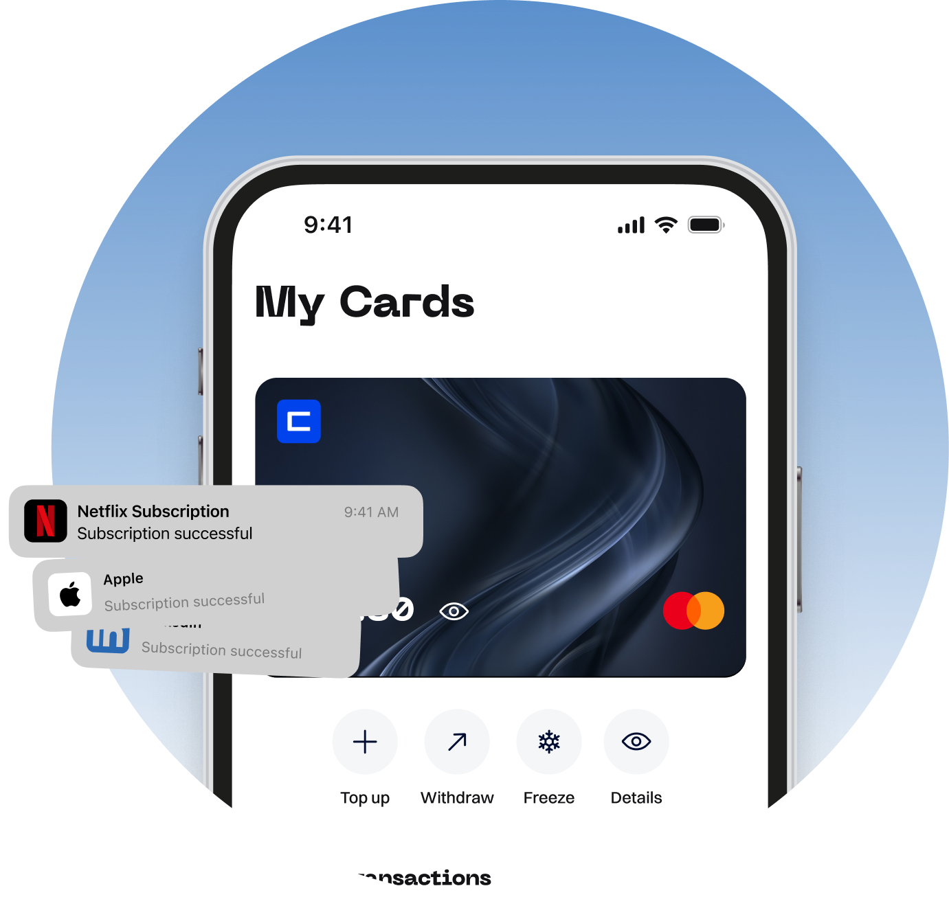The Carder app showing a virtual dollar card with instant subscription payment alerts.