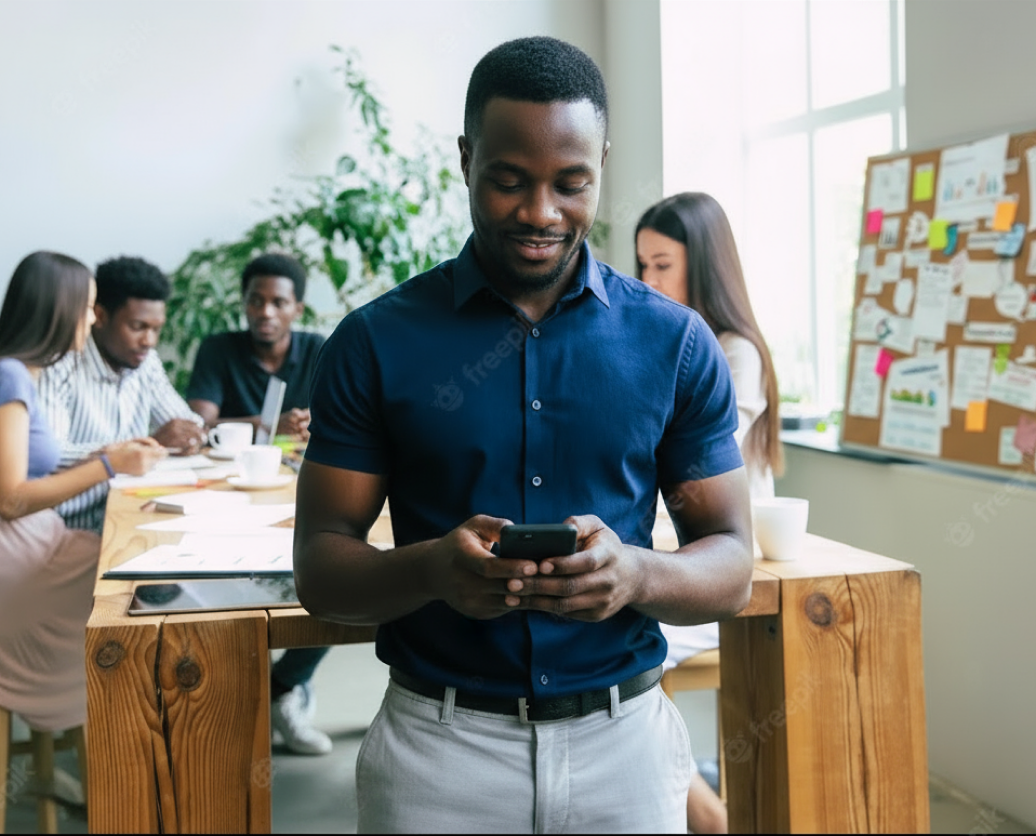 A Carder customer checking the app on his phone in a bright workspace.