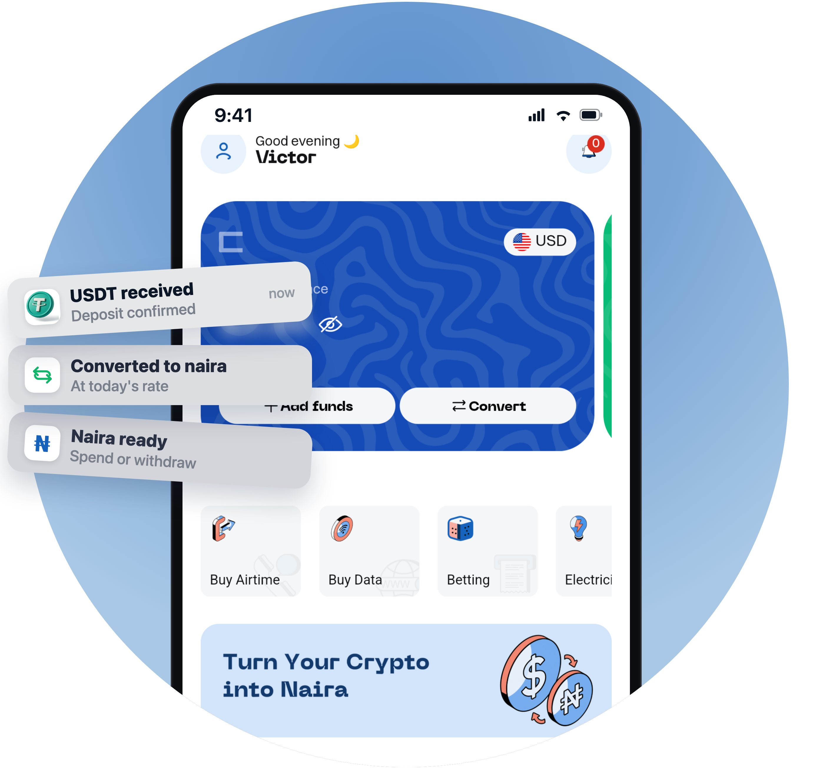 The Carder app home screen with a US dollar wallet, a Convert action, and alerts for a USDT deposit converted to naira.